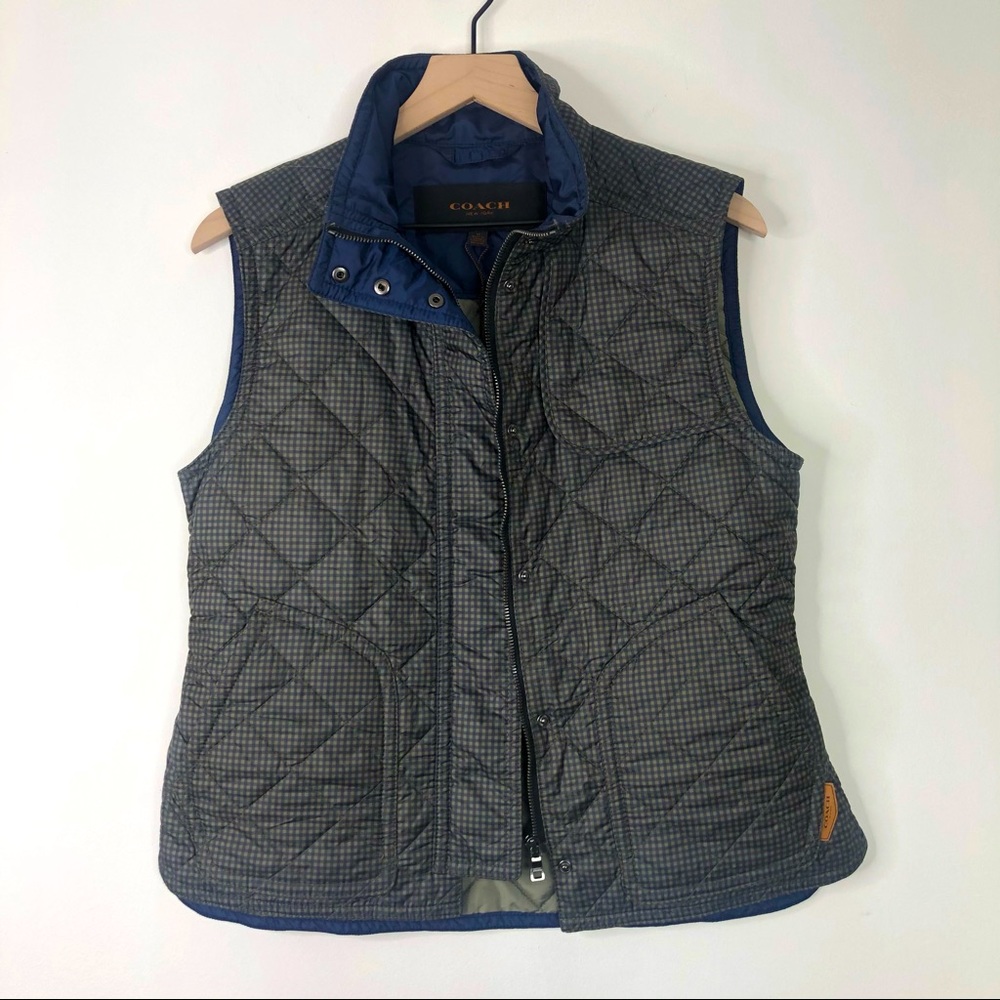 COACH Navy & Olive Green Checkered Puffer Vest M